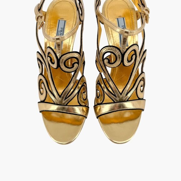 Prada Baroque Gold Caged Sandals Size 37.5 US 7.5 Cutout Metallic Leather Heels - Picture 4 of 15
